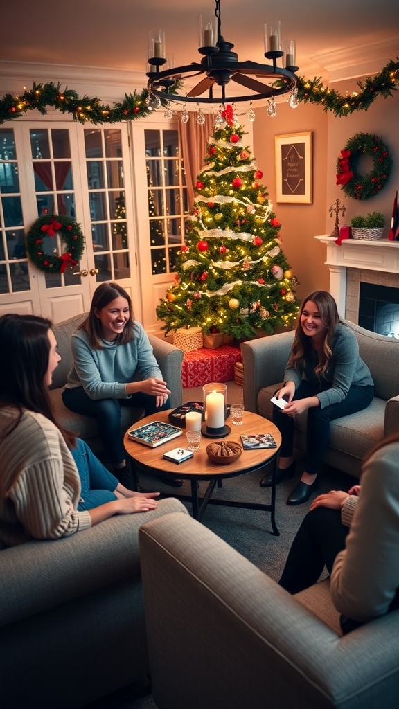 Four friends enjoying Christmas games in a decorated living room with a Christmas tree.